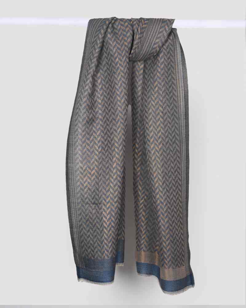 Blue Pashmina Wool Zari Chevron Pattern Stole